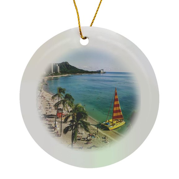 3drose, Hawaii, Oahu, Waikiki, View of Waikiki Beach, Circle Porcelain Ornament