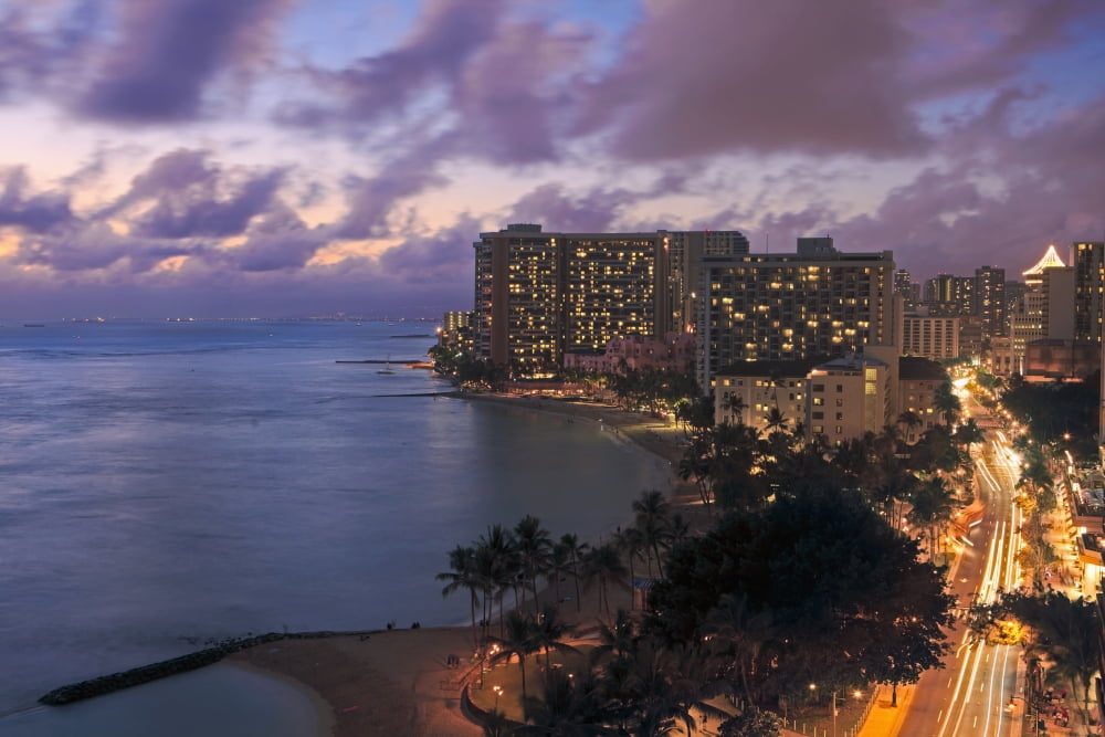 Hawaii Oahu Waikiki View of Waikiki at night Canvas Art - Tomas del Amo Design Pics (38 x 24)