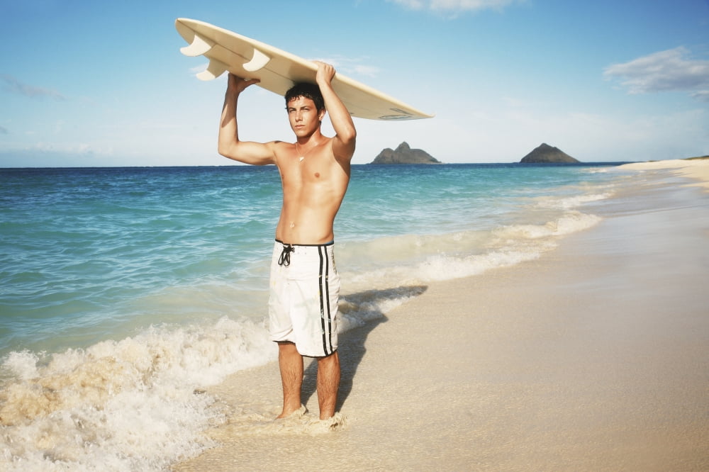 Hawaii Oahu Young Man At The Beach With Surfboard Canvas Art - Brandon Tabiolo Design Pics (17 x 11)