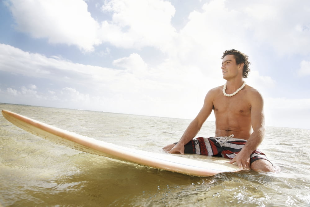 Hawaii Oahu Young Man Sitting On His Surfboard At The Shoreline Canvas Art - Brandon Tabiolo Design Pics (17 x 11)