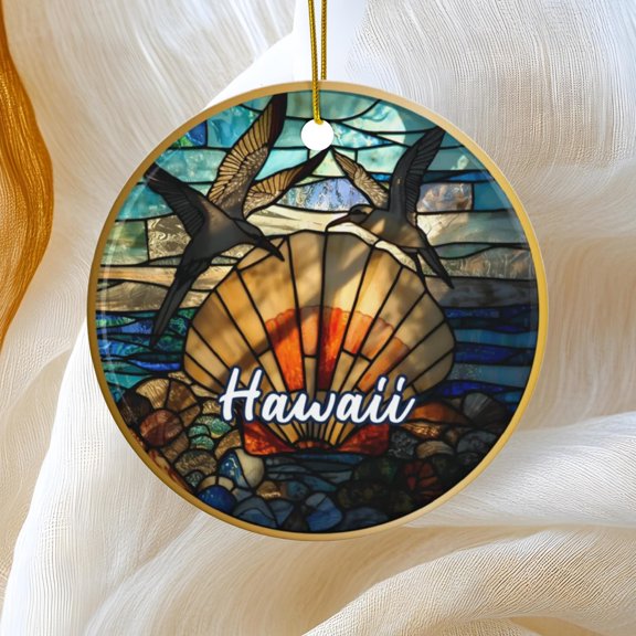 Hawaii Ornament Travel Gift Sea Bird Shell Keepsake Souvenir Ceramic Faux Stained Glass Style 2D FLAT Ceramic Ornament