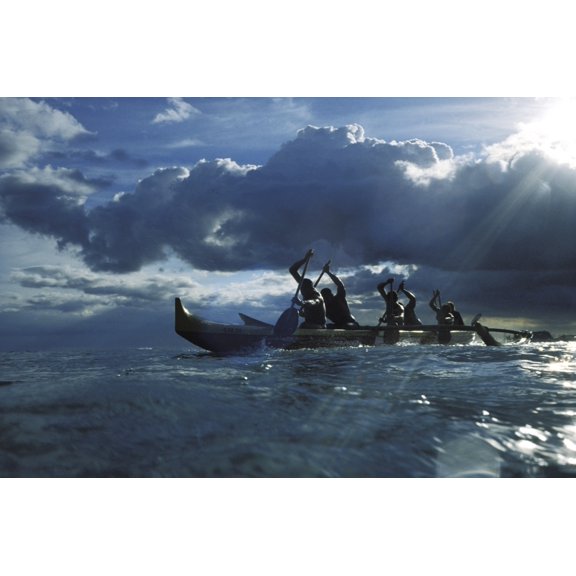 Hawaii  Ourigger Canoe Paddlers At Sunset  Rays Of Light Break Through Dramatic Sky Poster Print