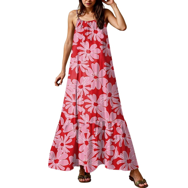 hawaiian beach party dress EverTide Hawaii Outfits For Women 2025, Summer Wedding Guest Elegant Dresses Halter 2025 Floral Maxi Boho Spaghetti Strap 106cm/30.71