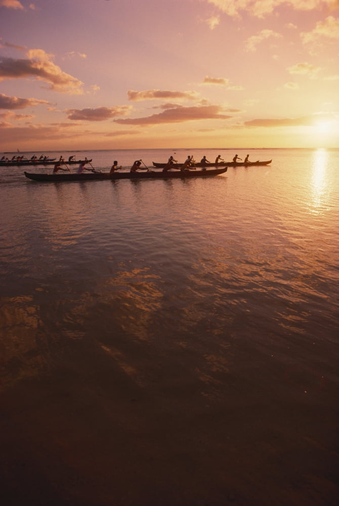 Hawaii Outrigger Canoe And Paddlers Silhouetted Pink Sunset And Ocean Reflections Canvas Art - Dana Edmunds Design Pics (12 x 19)