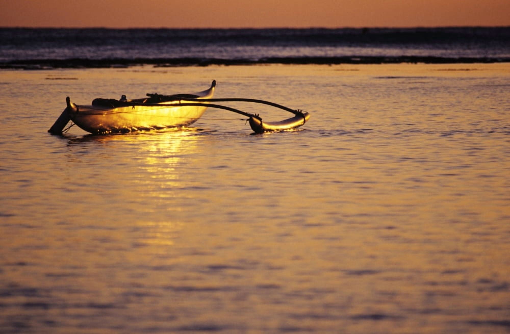 Hawaii Outrigger Canoe In Ocean At Sunset Dramatic Reflections Canvas Art - Joss Descoteaux  Design Pics (17 x 11)
