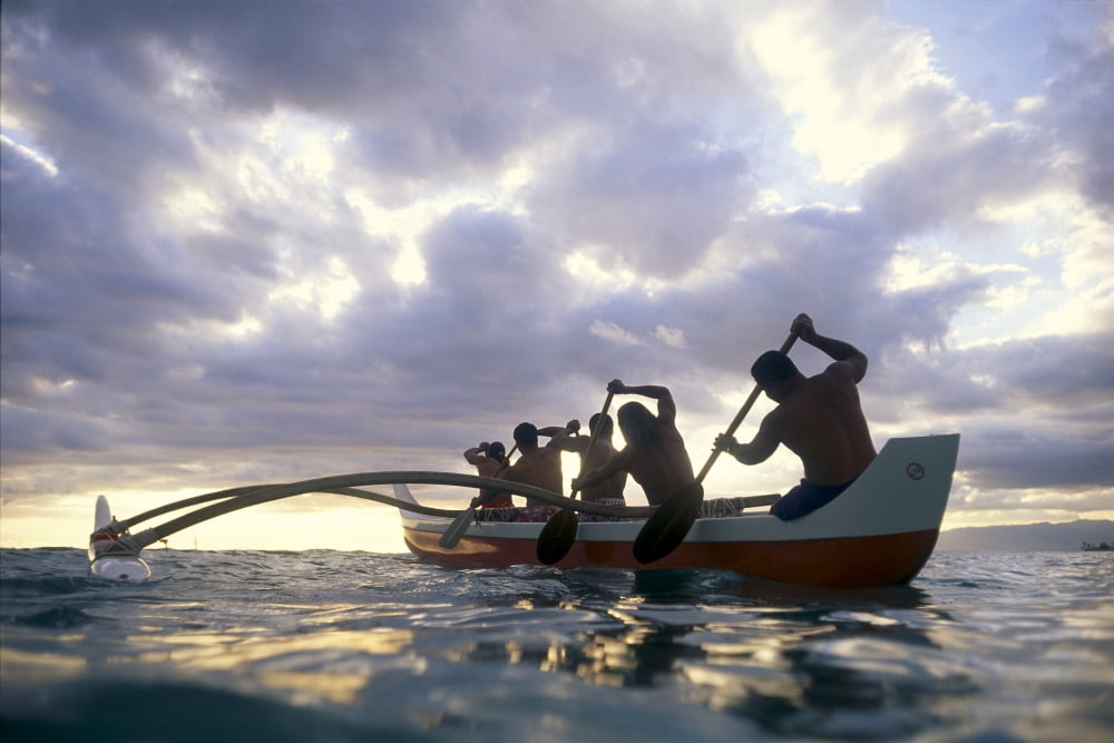 Hawaii Outrigger Canoe Men Paddle Into Sunset Dramatic Clouds Reflections Canvas Art - Vince Cavataio Design Pics (38 x 24)