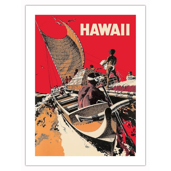 Hawaii - Outrigger Canoe Voyage - Vintage Hawaiian Travel Poster by Ray Lanterman c.1974 - Bamboo Fine Art 290gsm Paper Print (Unframed) 18x24in