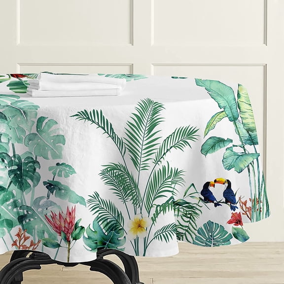 Hawaii Palm Leaves Tablecloth Summer Tropical Birds Table Covers for Birthday & Party Decorations/Kitchen Dining Room/Picnic,BBQ/Tabletop/Weddings (Round, 60"×60")