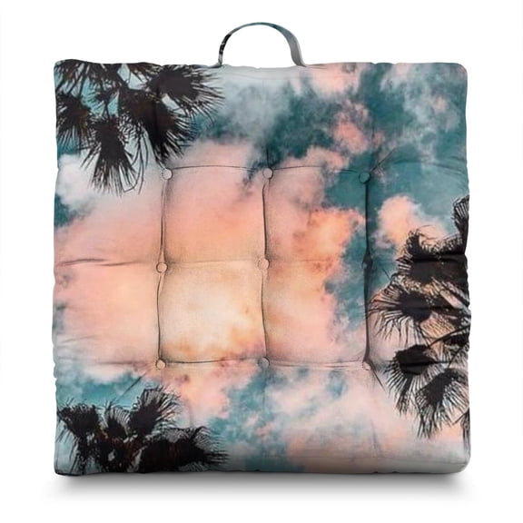 Hawaii Palm Tree Floor Cushion - Oversized 24" Square Meditation Pillow, Soft & Fluffy with Vibrant Tropical Beach Sunset Print, 9-Point Stitching for Durability
