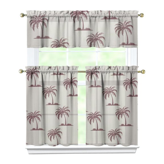 Hawaii Palm Tree Kitchen Curtains Set, Rod Pocket Tier and Valance, Minimalist and Vibrant Tropical Kitchen Curtains