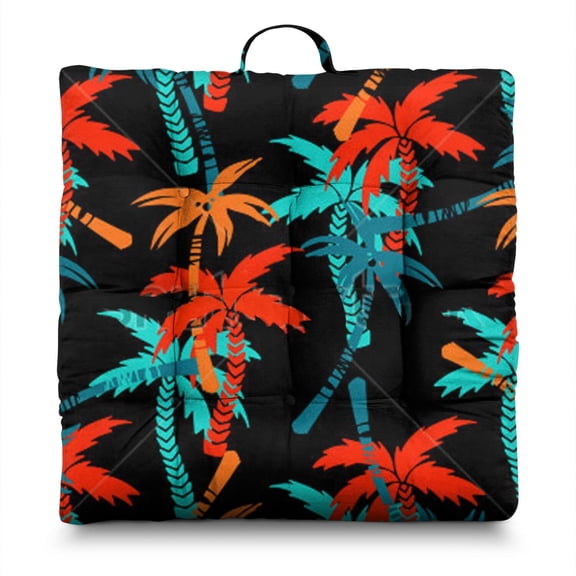 Hawaii Palm Tree Tatami Mat Cushion - Thick Meditation Seat for Adults, 9-Point Stitching for Stability, Vibrant Boho Tropical Beach Sunset Print