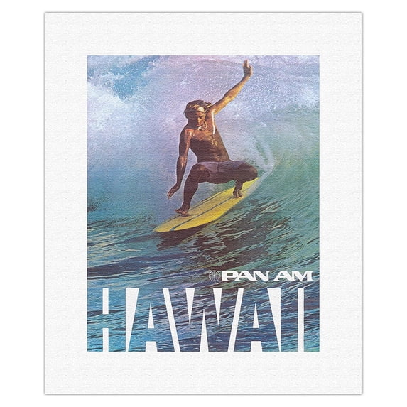 Hawaii - Pan American World Airways - Hawaiian Surfer - Vintage Airline Travel Poster c.1975 - Fine Art Rolled Canvas Print 11in x 14in