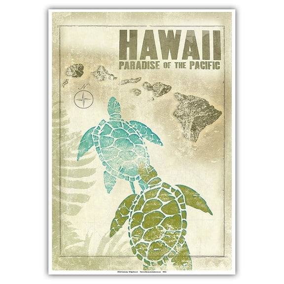 Hawaii Paradise of the Pacific - Turtles (Honu) Hawaiian Islands - Vintage Travel Poster by Wade Koniakowsky - Master Art Print 10in x 14in