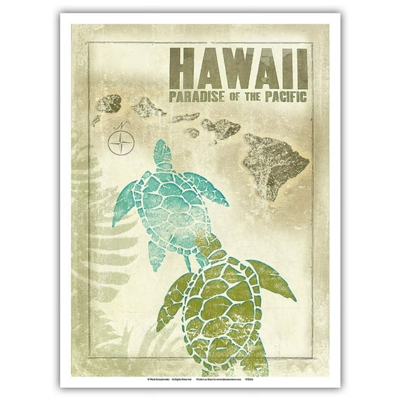 Hawaii Paradise of the Pacific - Turtles (Honu) Hawaiian Islands - Vintage Travel Poster by Wade Koniakowsky - Master Art Print (Unframed) 9in x 12in