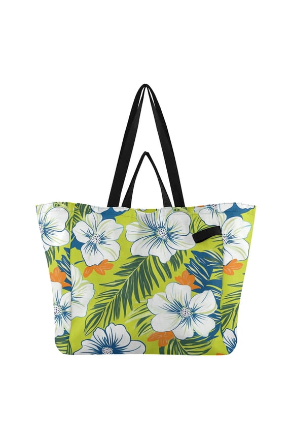 Hawaii Pattern White Blue Tropical Florals Foldable Canvas Tote Bags Reusable Grocery Bags Laundry Bags Beach Bag 32L