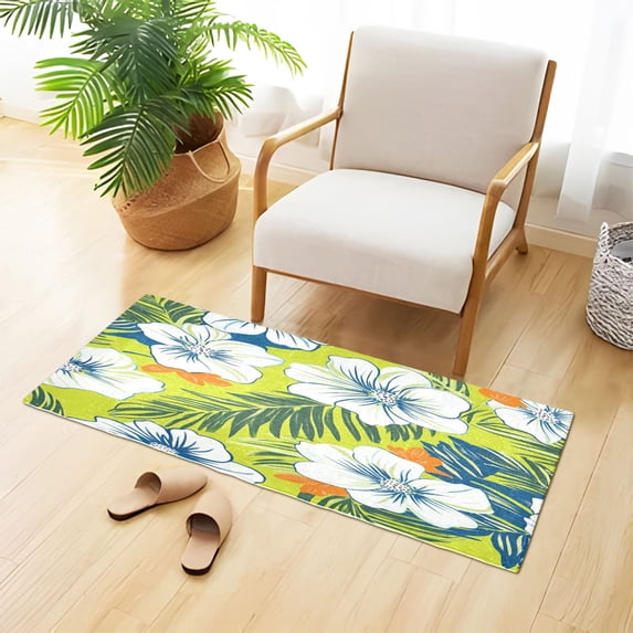 Hawaii Pattern White Blue Tropical Florals Plush Carpet Non Slip Runner Rug Absorbent Bath Mat 39" x 20"