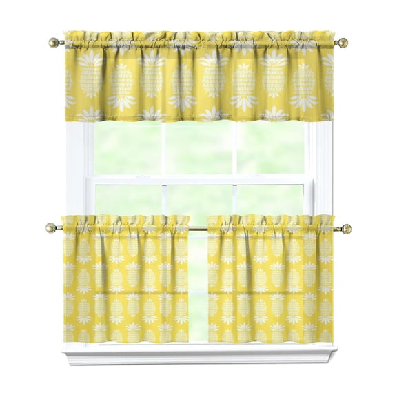 Hawaii Pineapple Curtains 3 Piece Set - Summer Tropical Fruit Print, Golden Yellow Aesthetic Pattern, Rod Pocket Short Curtains for Small Windows