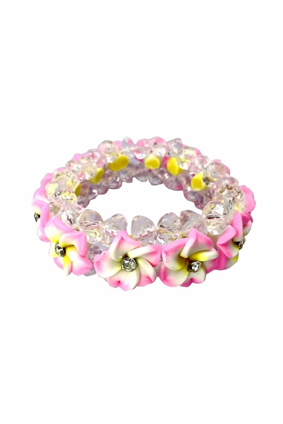 Hawaii Pink & White Fimo Plumeria Flower Elastic Bracelet with Inlaid CZ Stones