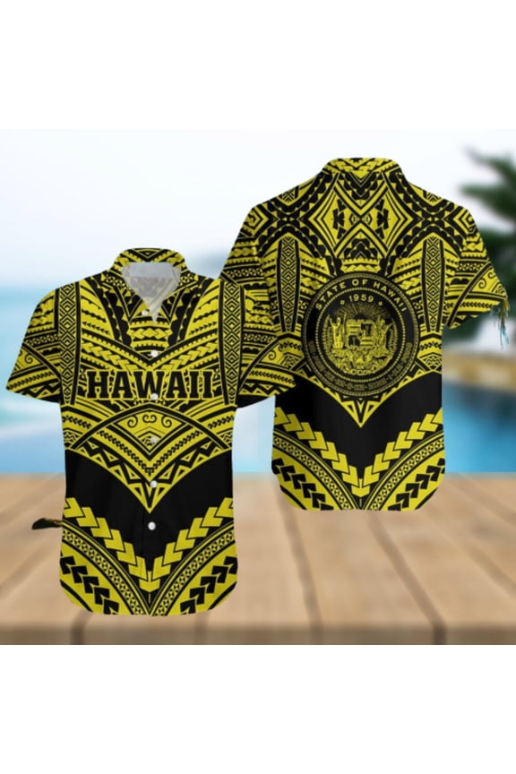 Hawaii Polynesian Aloha Yellow And Black Hawaiian Shirts