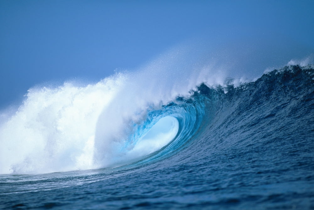 Hawaii Powerful Curling Wave Side Angle View Whitewash And Spray Blue Sky Canvas Art - Liysa Swart Design Pics (38 x 24)