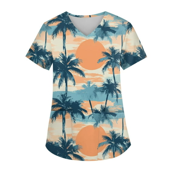 Hawaii Printed Summer Scrubs Tops for Women Short Sleeve Plus Size Scrubs Nursing Uniforms for Women Scurb Tops with Pockets