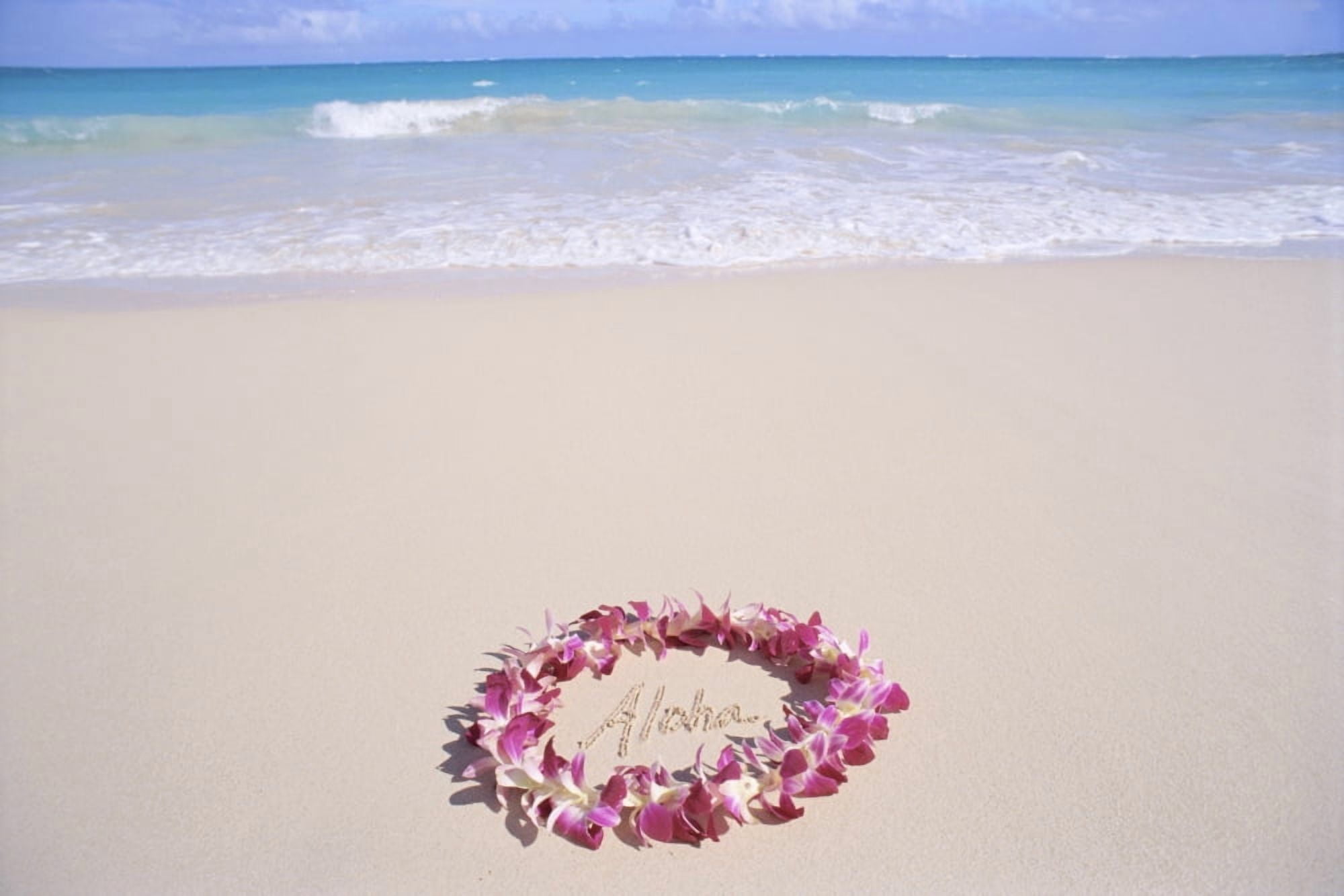 Hawaii Purple Orchid Lei Aloha Written In The Sand Turquoise Ocean Background Canvas Art - Mary Van de Ven Design Pics (38 x 24)