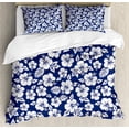 thumbnail image 1 of Hawaii Queen Size Duvet Cover Set, Hibiscus Silhouettes Flowering Mallow Family Plant Exotic Summer Season Foliage, Decorative 3 Piece Bedding Set with 2 Pillow Shams, Navy Blue White, by Ambesonne, 1 of 3