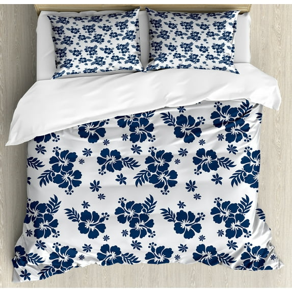 Hawaii Queen Size Duvet Cover Set, Monochrome Foliage Bouquet Abstract Art The Flower of Aloha State Hibiscus, Decorative 3 Piece Bedding Set with 2 Pillow Shams, Navy Blue White, by Ambesonne
