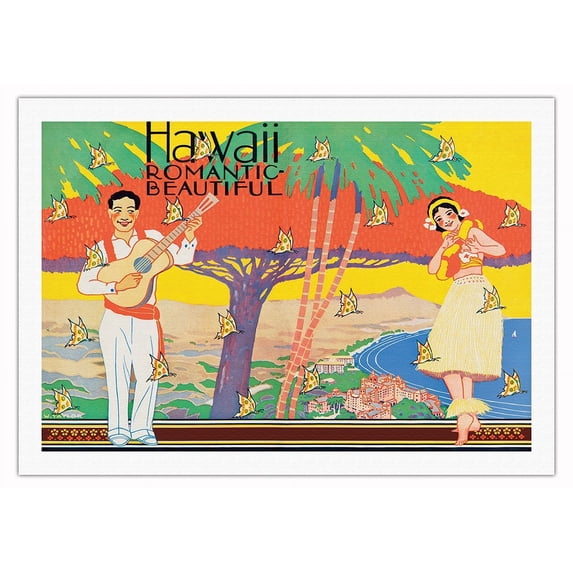 Hawaii Romantic Beautiful - Vintage Hawaiian Travel Poster by W. Taylor c.1931 - Fine Art Rolled Canvas Print 27in x 40in