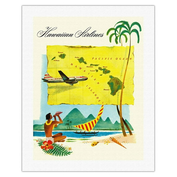 Hawaii Route Map - Hawaiian Airlines - Vintage Travel Poster c.1950s - Fine Art Rolled Canvas Print 20in x 26in