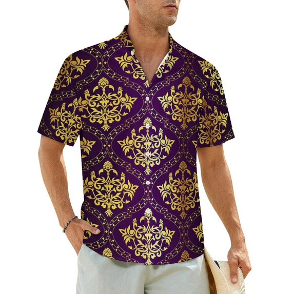 Hawaii Shirt Vacation Vintage Damask Blouses Purple And Gold Cool Casual Shirts Man Short
