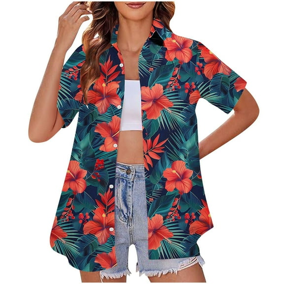 Hawaii Shirts for Womens,Coconut Tree Print Tee Shirt Button Down Blouses Lapel Short Sleeve Shirts Beach Holiday Tops Summer Tops 2025 Summer Trendy Casual T-Shirts