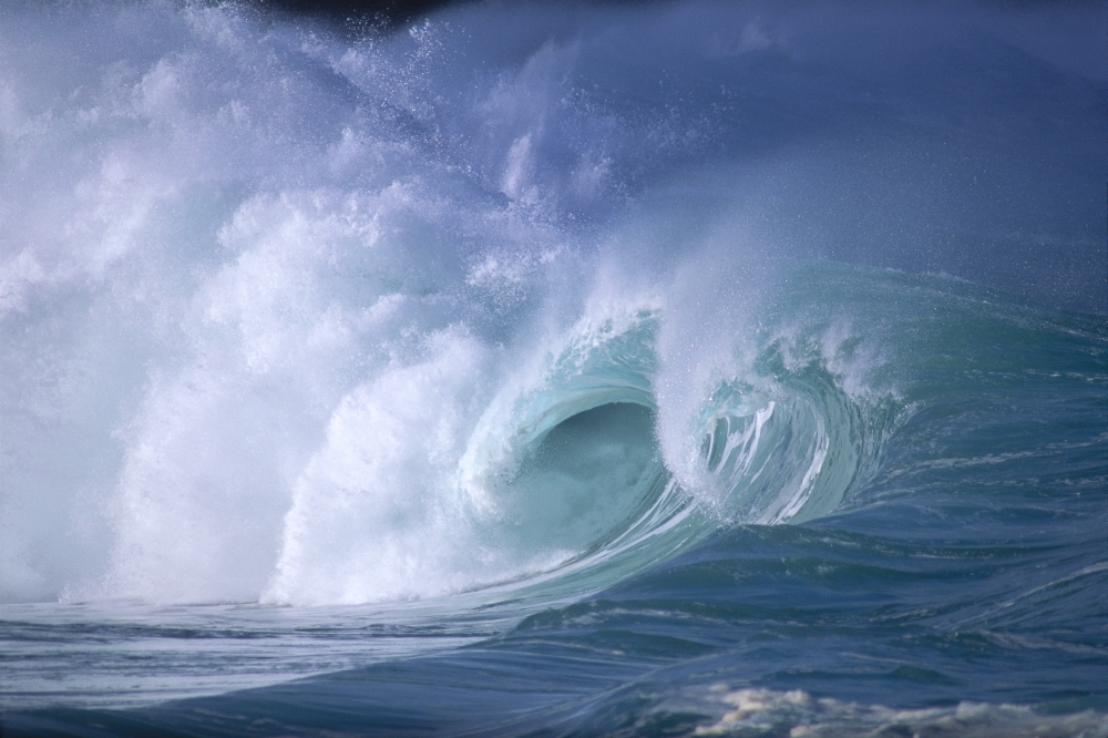 Hawaii Side Distant View Of Dramatic Big Waves Curling And Crashing Whitewash A30B Canvas Art - Liysa Swart Design Pics (19 x 12)
