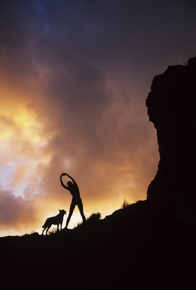 Hawaii Silhouette Of A Woman Stretching On A Mountain Top At Sunset Canvas Art - Dana Edmunds Design Pics (12 x 18)