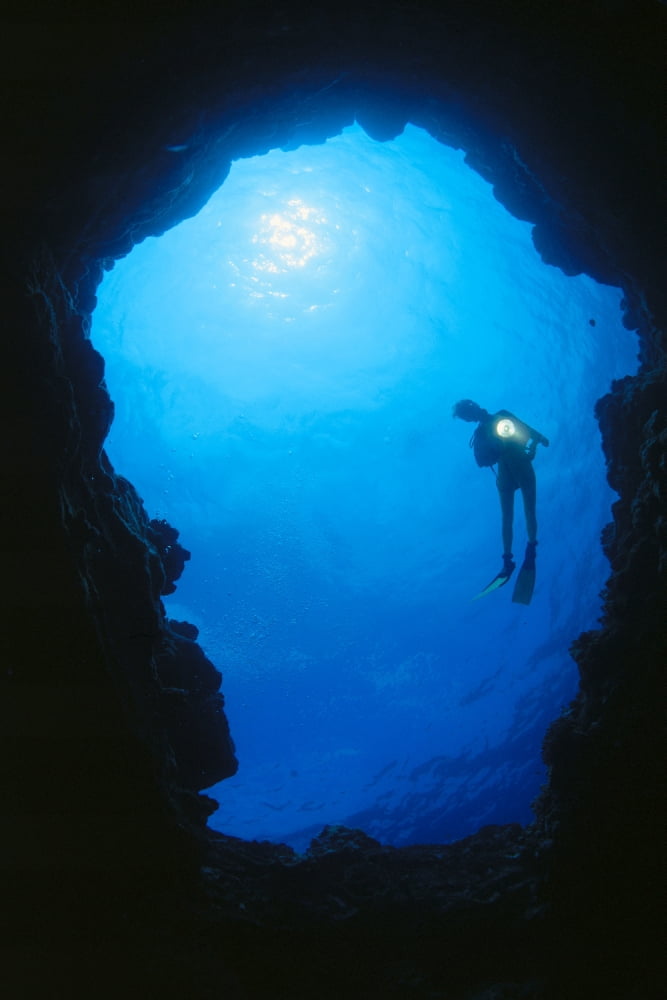 Hawaii Silhouetted Diver At Cavern Entrance With Flashlight Sunburst Canvas Art - Dave Fleetham Design Pics (24 x 38)