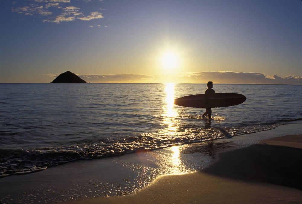Hawaii Silhouetted Surfer On Shore At Sunrise Gold Light Island Background Canvas Art - Liysa Swart Design Pics (34 x 22)