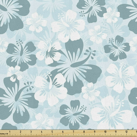 Ambesonne Hawaii Fabric by the Yard Upholstery, Faded Flower Silhouettes, 3 Yards, Pale Blue Turquoise