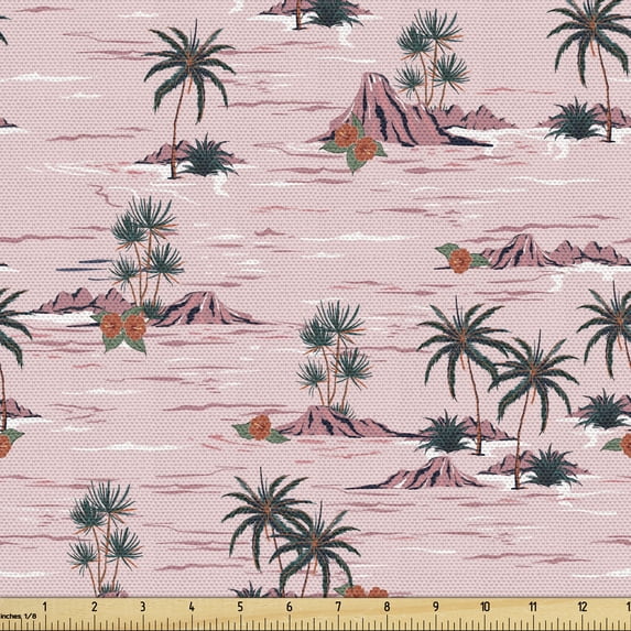 Ambesonne Hawaii Fabric by the Yard Upholstery, Palm Tree Rocky Beach Waves, 3 Yards, Rose Dark Salmon