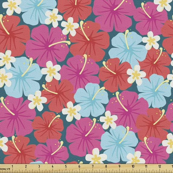 Ambesonne Hawaii Fabric by the Yard Upholstery, Vivid Tones Hibiscus Flowers, 2 Yards, Multicolor