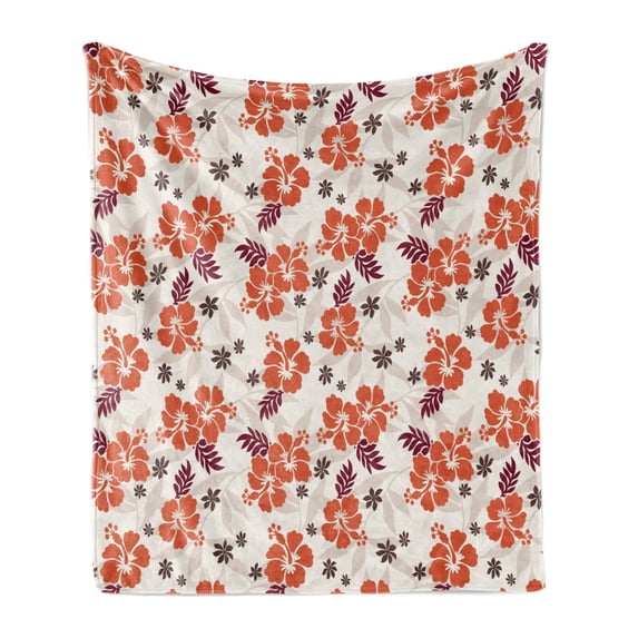 Hawaii Soft Flannel Fleece Blanket, Abstract Aloha State Floral Pattern Hibiscus Spring Holiday Theme Design, Cozy Plush for Indoor and Outdoor Use, 60" x 80", Orange Ruby Dark Taupe, by Ambesonne