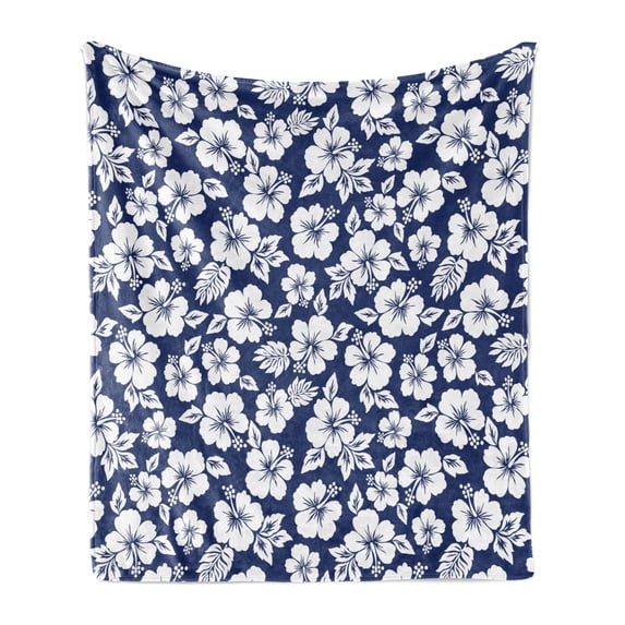 Hawaii Soft Flannel Fleece Blanket, Hibiscus Silhouettes Flowering Mallow Family Plant Exotic Summer Season Foliage, Cozy Plush for Indoor and Outdoor Use, 50" x 60", Navy Blue White, by Ambesonne