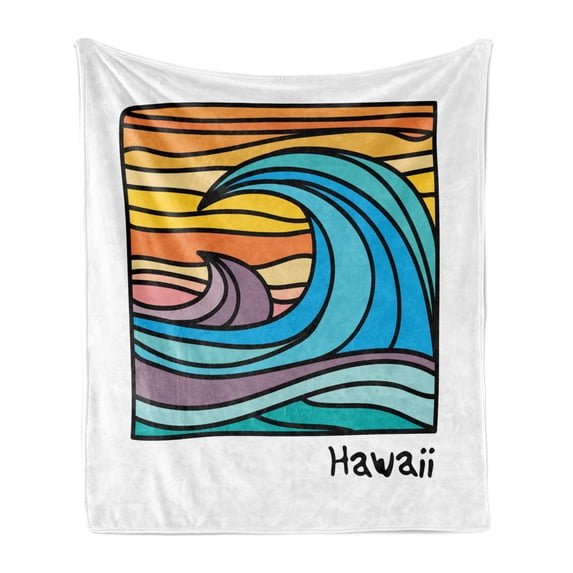 Hawaii Soft Flannel Fleece Throw Blanket, Abstract Ocean Waves on Beach Sunset Background Summer Surfing Theme Coastal Art, Cozy Plush for Indoor and Outdoor Use, 70" x 90", Multicolor, by Ambesonne