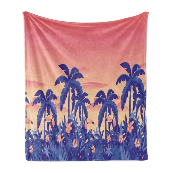 Hawaii Soft Flannel Fleece Throw Blanket, Exotic Sunset Image with Toucans Palm Trees Flowers, Cozy Plush for Indoor and Outdoor Use, 60" x 80", Coral Ceil Blue, by Ambesonne
