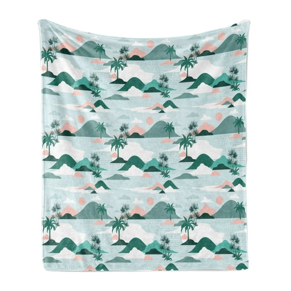 Hawaii Soft Flannel Fleece Throw Blanket, Pastel Tones Palm Trees and Beach Hills Paper Cut Style, Cozy Plush for Indoor and Outdoor Use, 50" x 60", Teal Blush, by Ambesonne