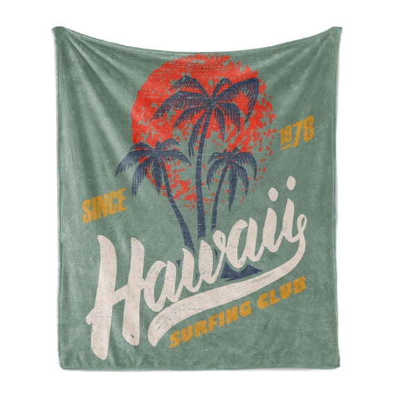 Hawaii Soft Flannel Fleece Throw Blanket, Surfing Water Sport Palm Tree Orange Sun, Cozy Plush for Indoor and Outdoor Use, 50" x 60", Reseda Green Multicolor, by Ambesonne