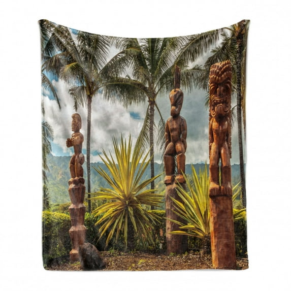 Hawaii Soft Flannel Fleece Throw Blanket, Tiki Sculptures and Palm Trees Tropical Island Ocean Ethnic Botanical Print, Cozy Plush for Indoor and Outdoor Use, 70" x 90", Brown Green, by Ambesonne