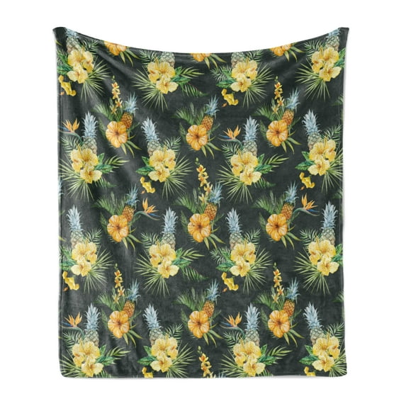 Hawaii Soft Flannel Fleece Throw Blanket, Tropical Flowers Blooming Frangipani Plumeria Botanical Bouquet Pineapple Fruit, Cozy Plush for Indoor and Outdoor Use, 50" x 60", Multicolor, by Ambesonne