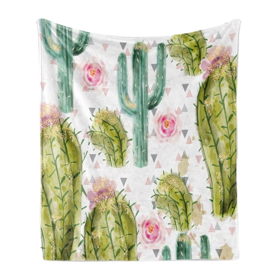 Hawaii Soft Flannel Fleece Throw Blanket, Watercolor Look Pattern of Exotic Cacti and Roses with Little Triangles, Cozy Plush for Indoor and Outdoor Use, 50" x 60", Multicolor, by Ambesonne