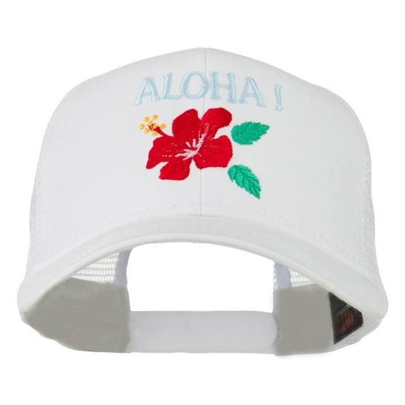 Hawaii State Flower with Aloha Embroidered Trucker Cap - White OSFM