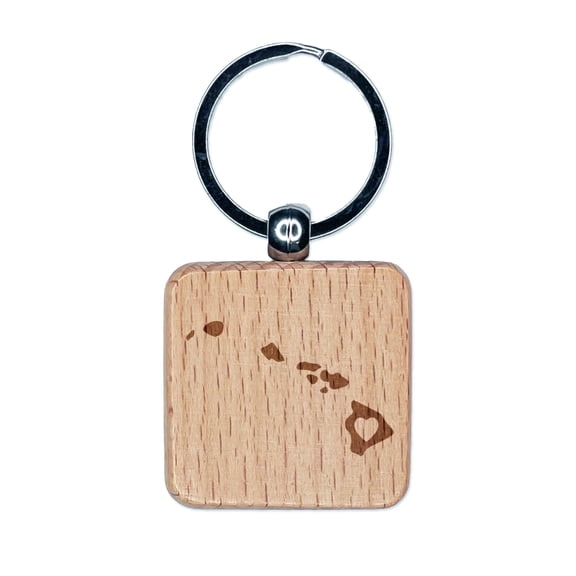 Hawaii State with Heart Square Keychain Charm Tag - Engraved Wood
